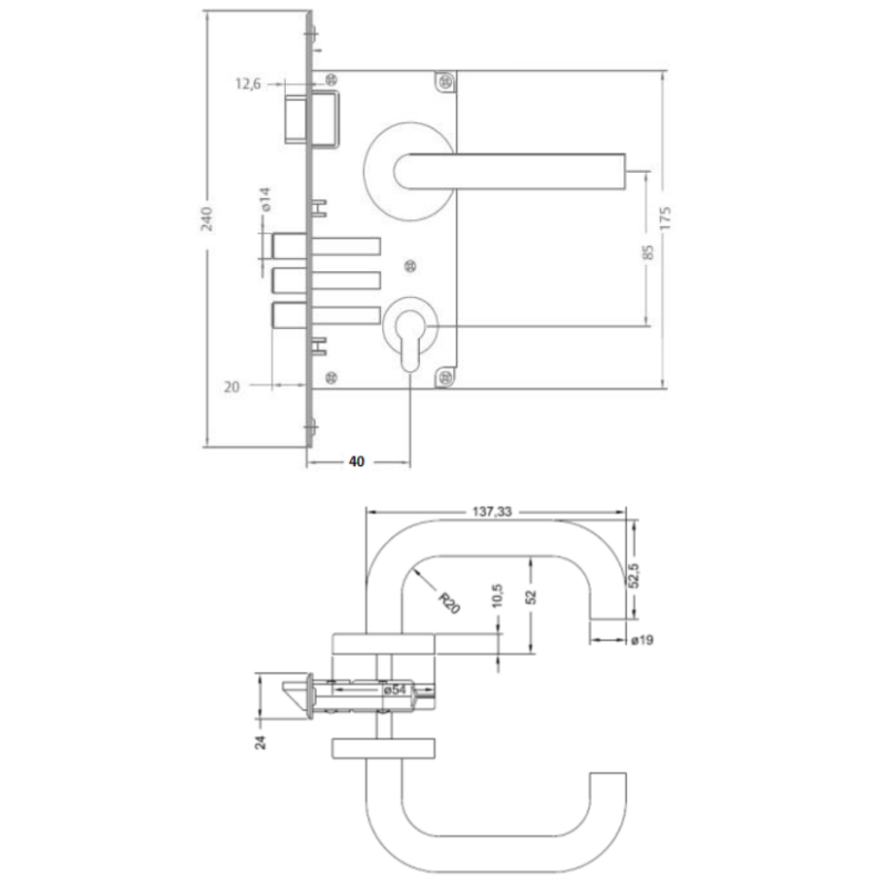 Cerradura Embutida Marsella  B40 Oficina/Dormitorio Inoxidable