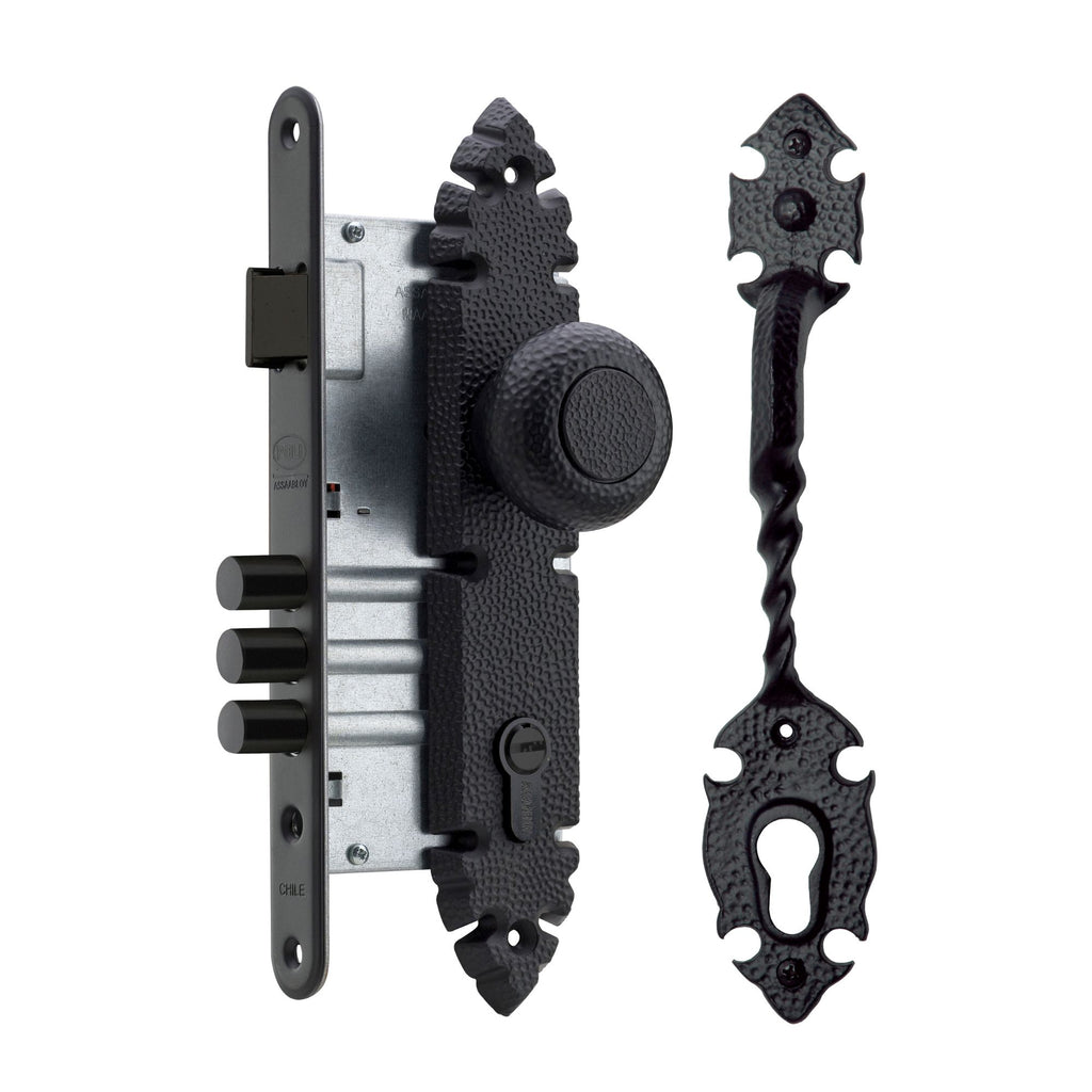 Cerradura Embutida Rústica B60 Acceso Negra con Pomo Interior y Tirador Exterior