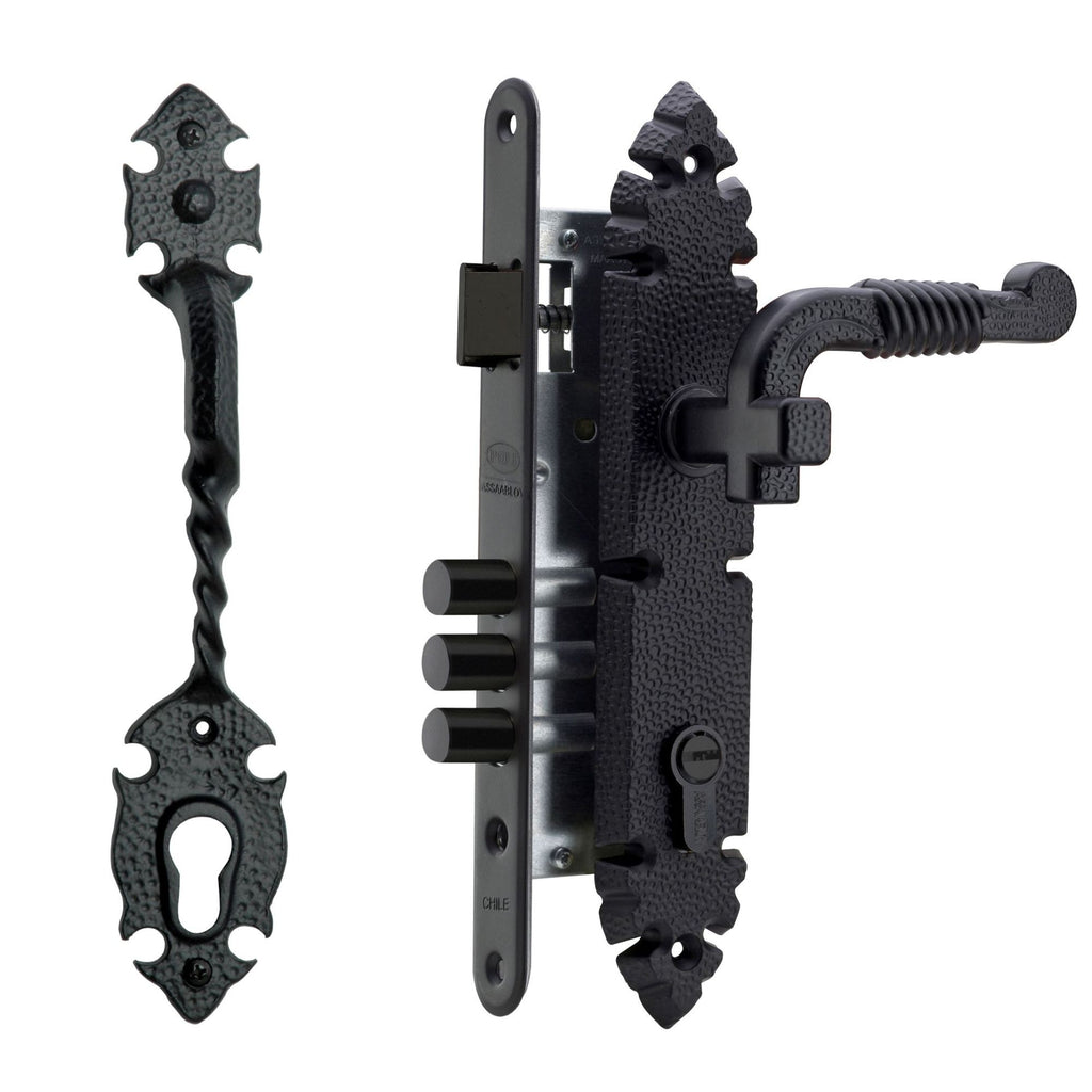 Cerradura Embutida Rústica B40 Negra con Tirador Exterior y Manilla Interior