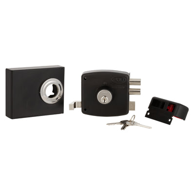 Cerradura Sobreponer Mecánica Poli con Bandera + Caja para Reja