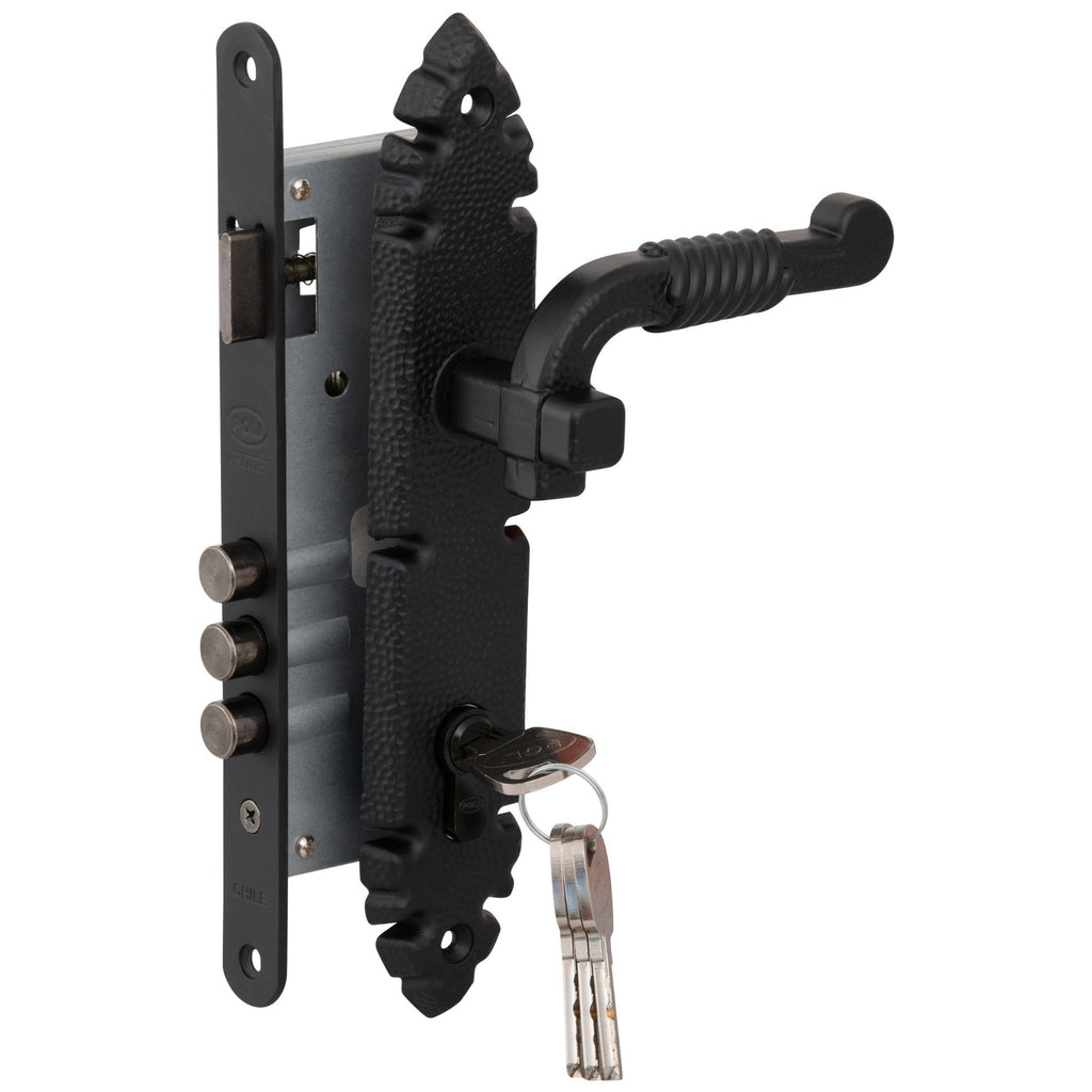 Cerradura Embutida Rústica B40 Negra con Tirador Exterior y Manilla Interior